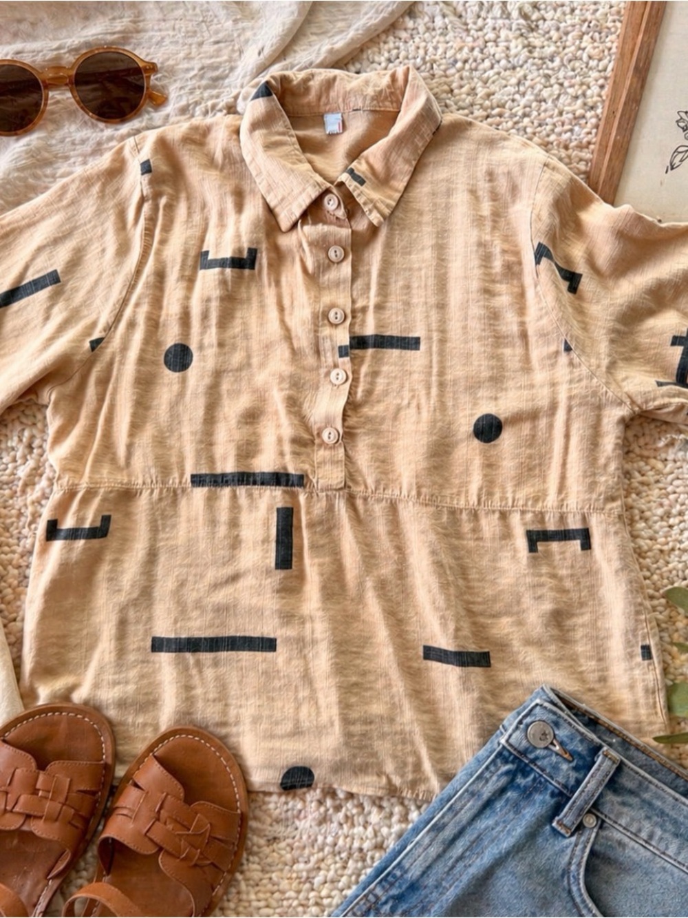 Beige Geometric Printed Button-Up Top